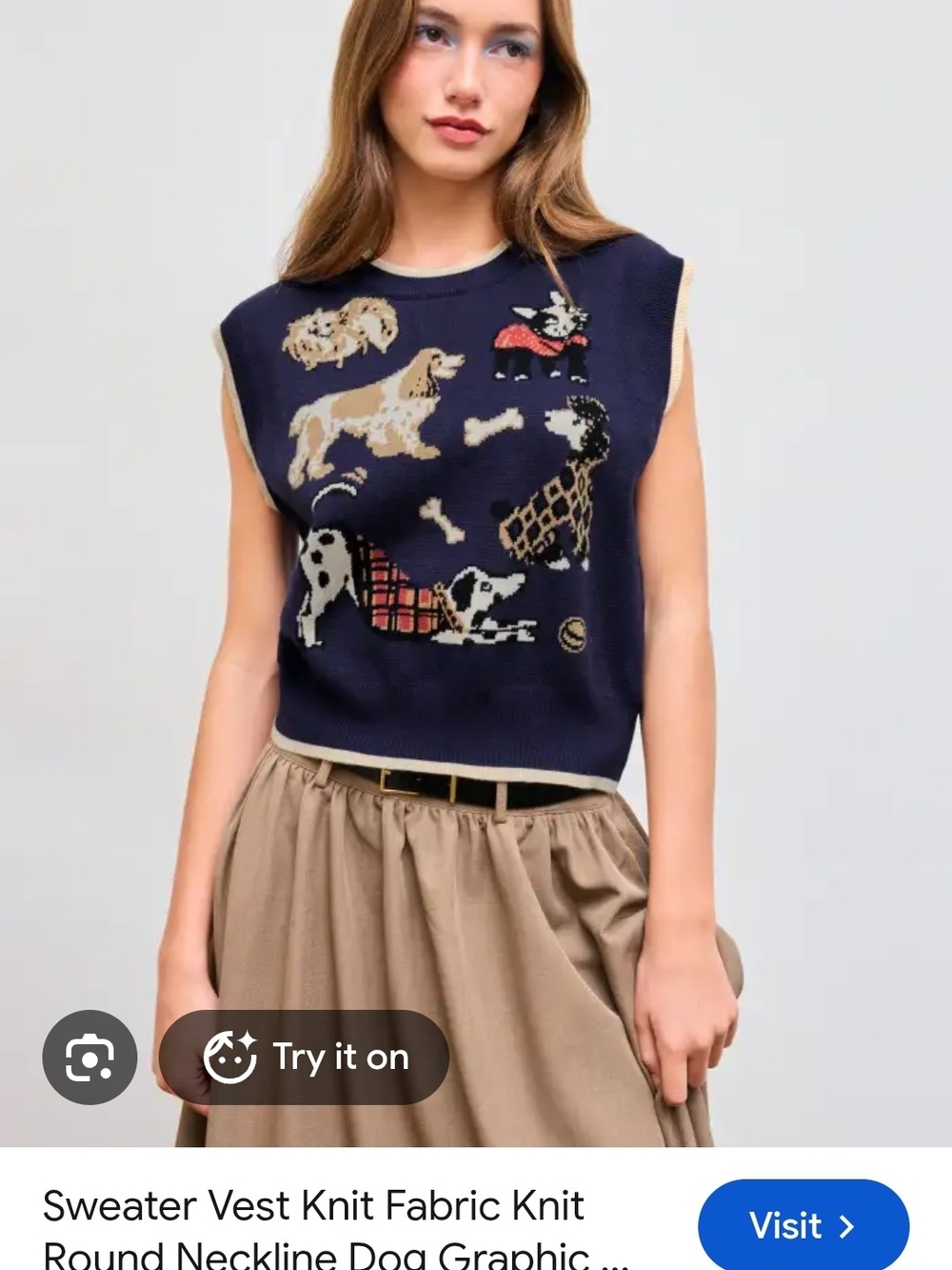 Cider NWT Navy Dog-Graphic Sleeveless Knit Vest with Beige Trim